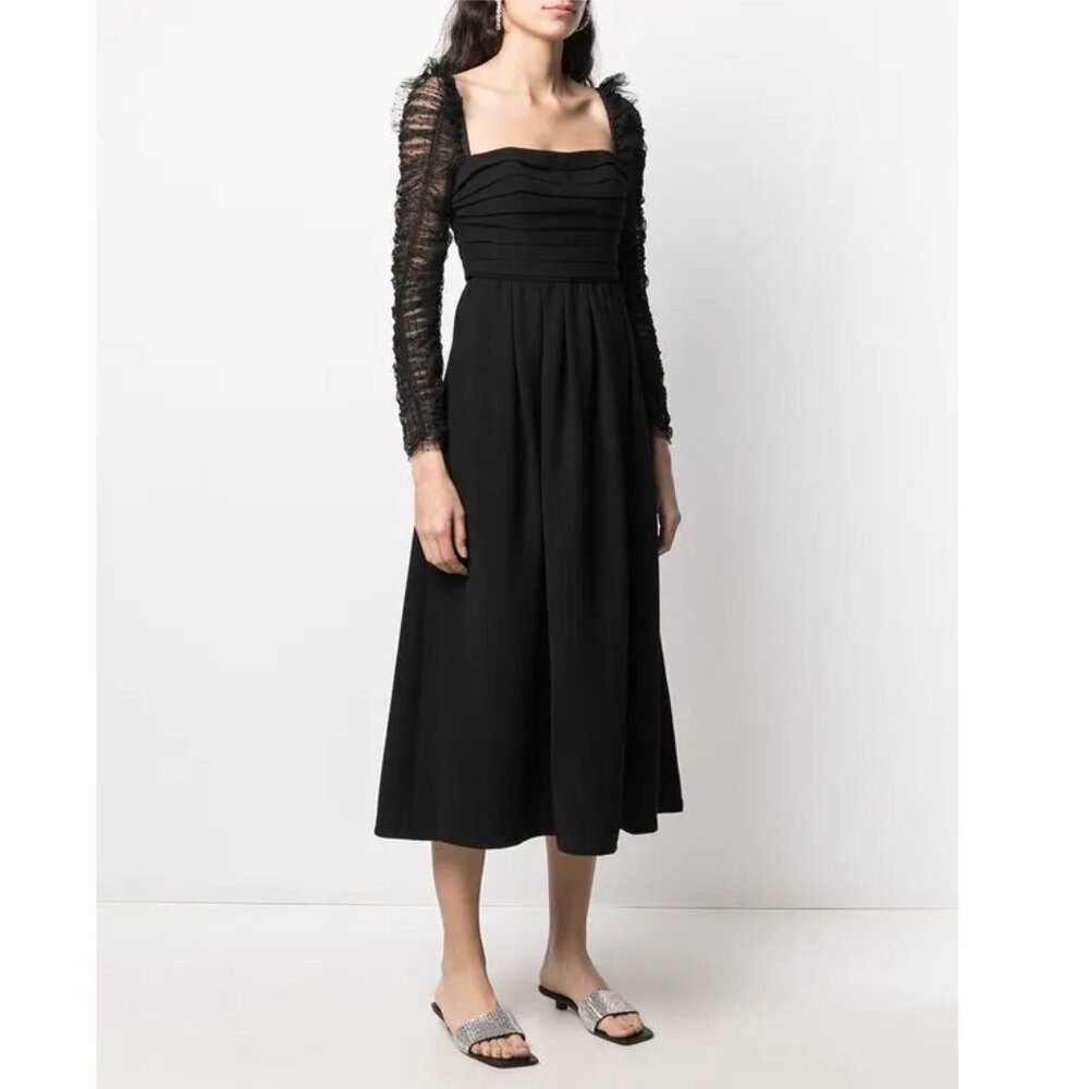 Self-Portrait Crepe Dot Mesh Sleeved Black Midi Dress